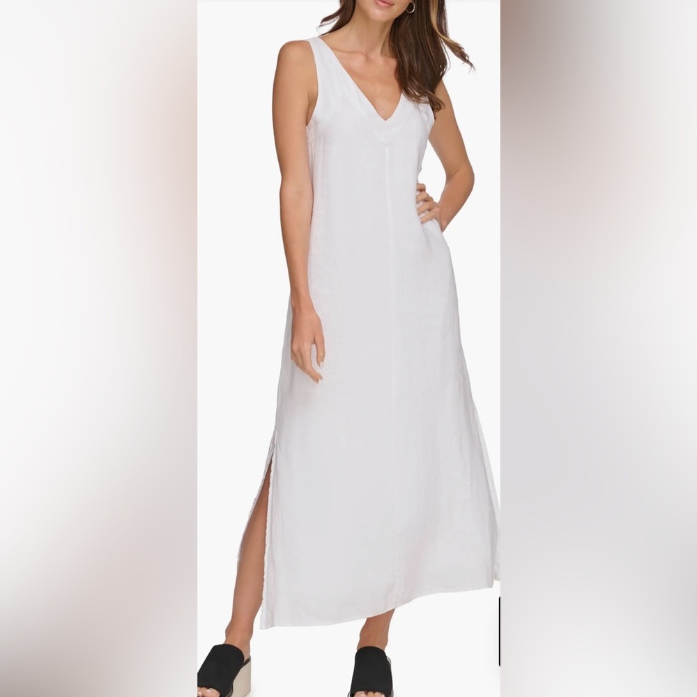 DKNY White Sleeveless V-Neck Linen Maxi Dress, size XX-Large, NWT - Picture 2 of 9
